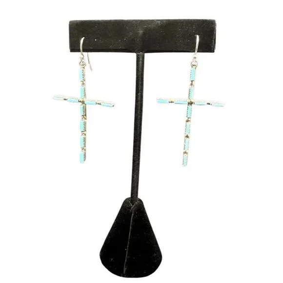 VINTAGE NATIVE AMERICAN TURQUOISE STERLING SILVER CROSS EARRINGS - Picture 5 of 6